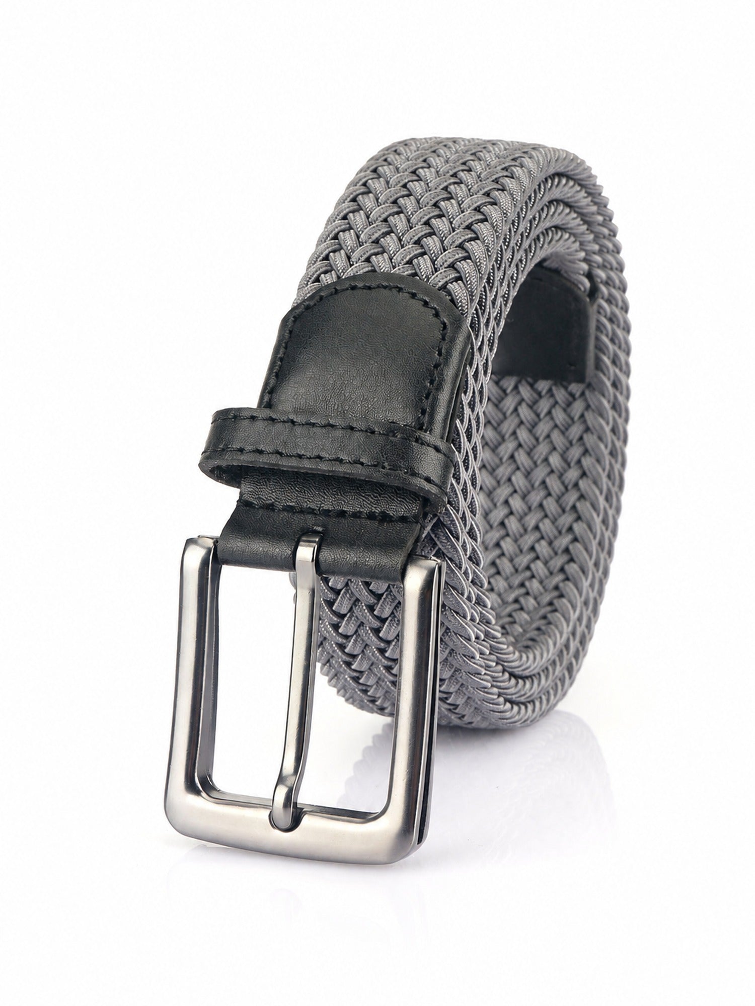 Braided Stretch Belt, Pin Buckle – Men – Grey – front
